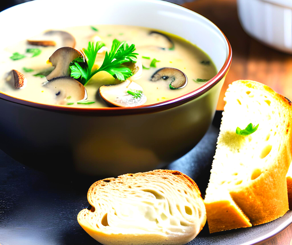 A bowl of mushroom soup with pieces of sliced mushroom. Crusty bread on the side.