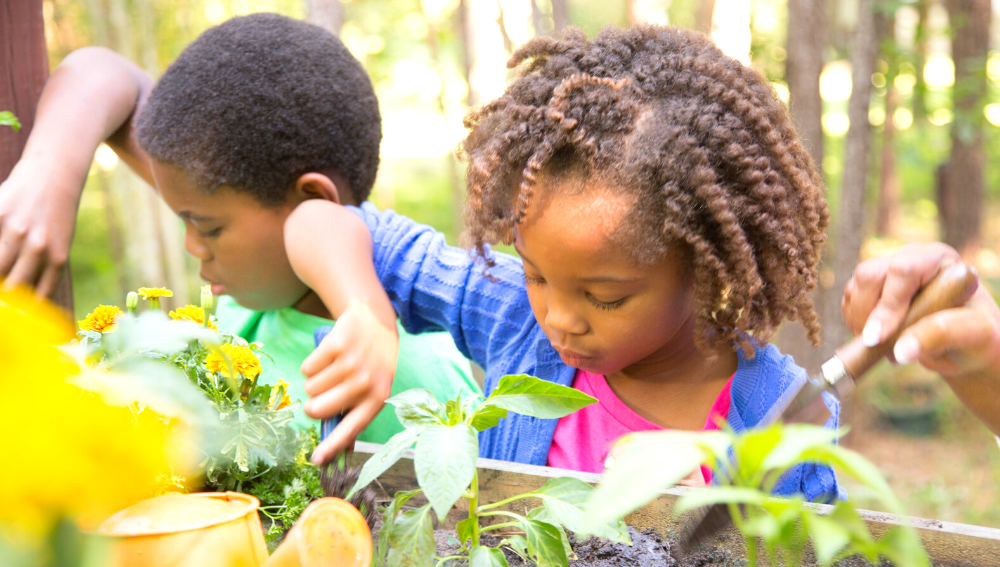 Two young African children gardening