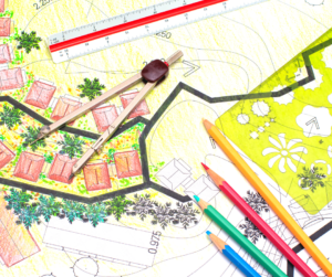 A garden plan with a ruler and coloured pencils